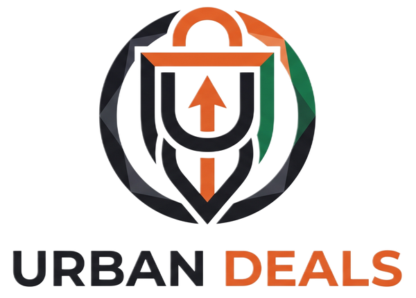 A logo featuring a stylized shopping bag and upward arrow inside a shield, with the text 'URBAN DEALS' below on a white background.