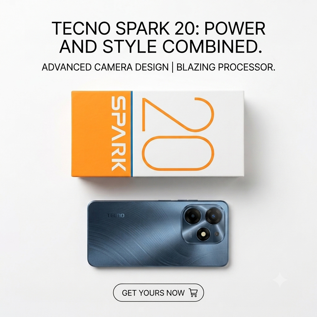 Tecnolo Spark 20 smartphone shown below its retail box on a clean white background, with marketing text at the top reading 'TECNO SPARK 20: POWER AND STYLE COMBINED.' The box is white and orange, and the phone has a dark blue metallic back with a large rear camera module.