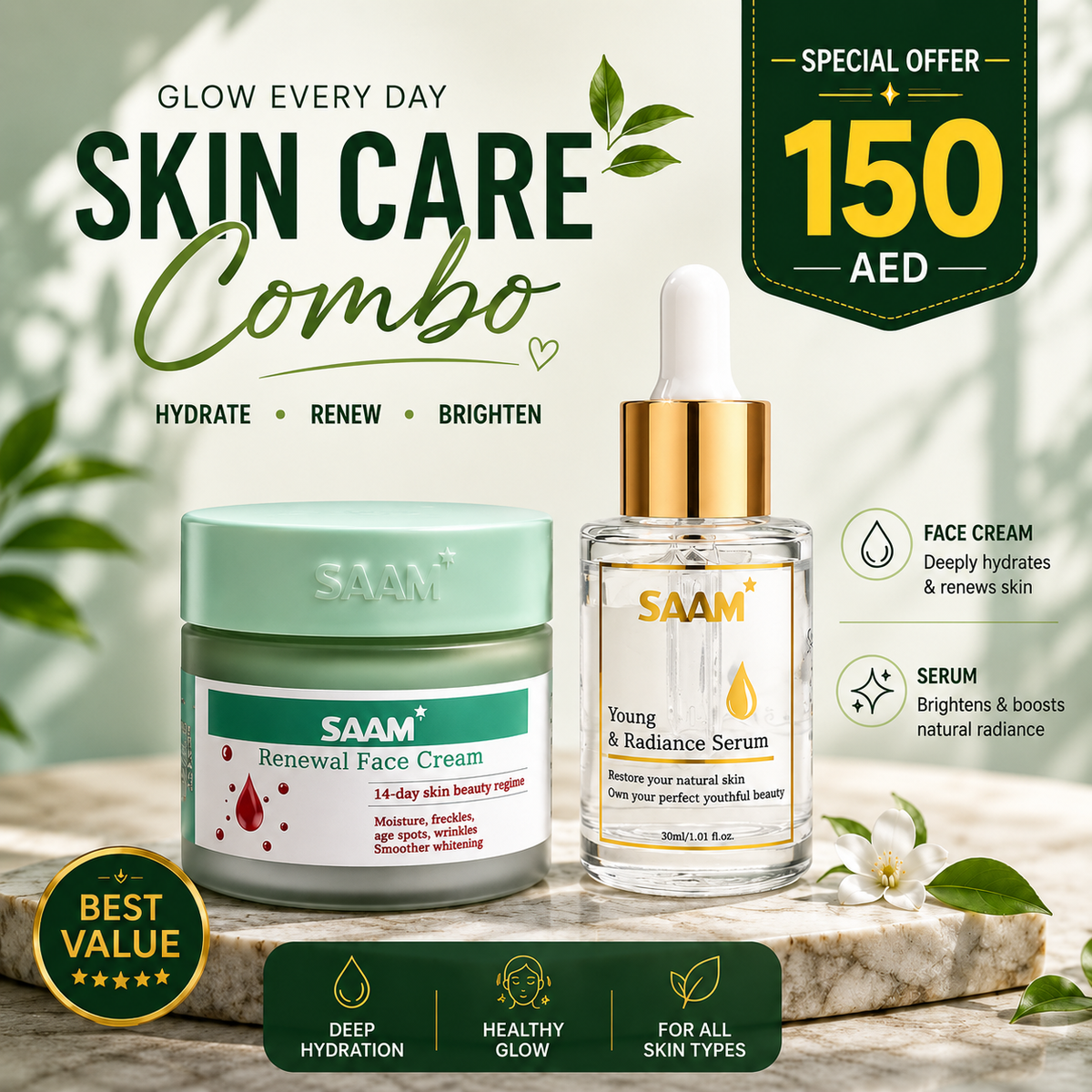 SAAM Renewal Face Cream - 14-Day Skin Beauty Regimen for Glowing & Spotless Skin