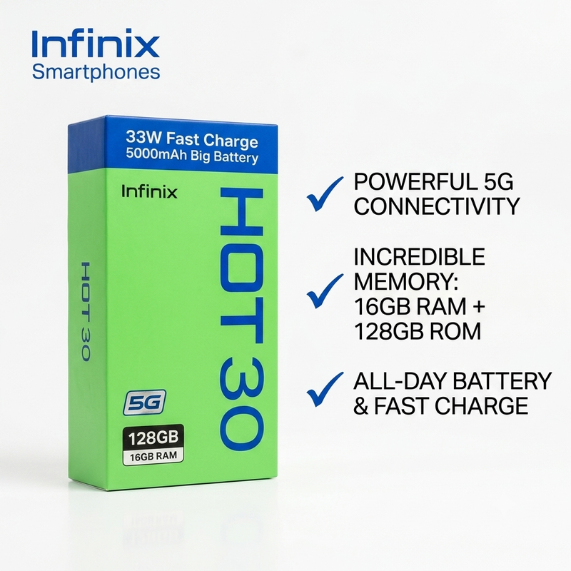 Infinix HOT 30 5G (Sonic White, 128GB/16GB RAM) – Power & Performance