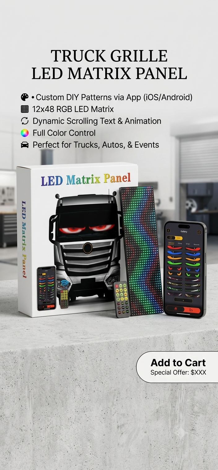 Programmable LED Matrix Panel for Car & Truck Grilles – Bluetooth App Control Flexible RGB Screen